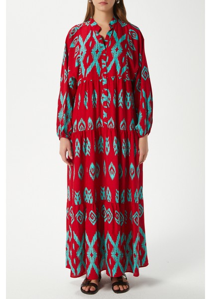 Modest Megan Kırmızı Turkuaz Kadın %100 Viskon Maksi Boy Katlı Balon Kol Uzun Yazlık Elbise fırsatları