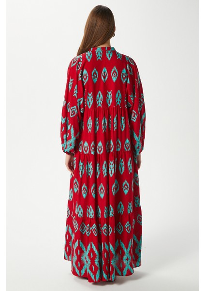 Modest Megan Kırmızı Turkuaz Kadın %100 Viskon Maksi Boy Katlı Balon Kol Uzun Yazlık Elbise indirimleri