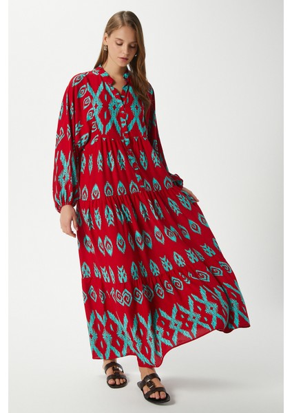 Modest Megan Kırmızı Turkuaz Kadın %100 Viskon Maksi Boy Katlı Balon Kol Uzun Yazlık Elbise