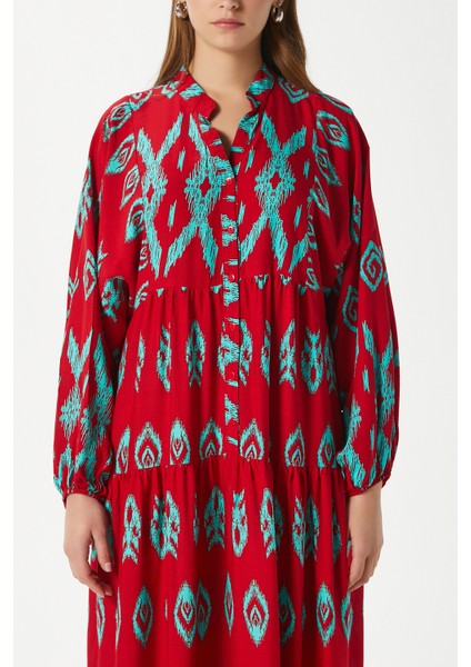 Modest Megan Kırmızı Turkuaz Kadın %100 Viskon Maksi Boy Katlı Balon Kol Uzun Yazlık Elbise