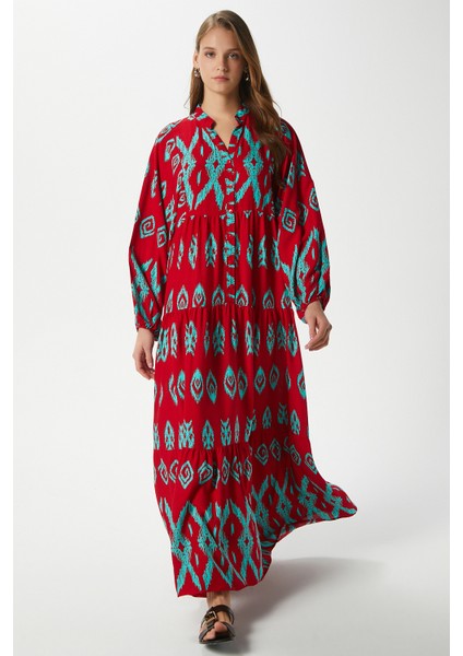 Modest Megan Kırmızı Turkuaz Kadın %100 Viskon Maksi Boy Katlı Balon Kol Uzun Yazlık Elbise