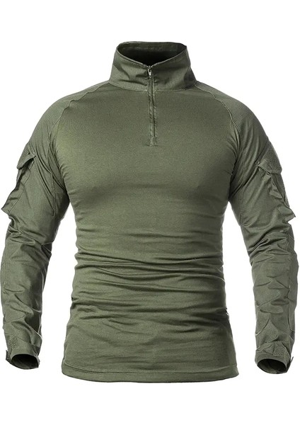 Erkekler Uzun Kollu Savaş Gömlek 1/4 Fermuarı Ripstop Pamuk Taktik Gömlek Lacivert Camoufalge T Shirt Renk: Ordu Yeşil/boyut: Cn M (Yurt Dışından)