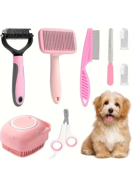 Hot-8pcs Köpek Fırçası Bakım Seti, Evcil Hayvan Kendi Temizleme Seti, Pet Tırnak Clippers ve Dosyaları, Tombul, Pet Şampuan Banyosu Fırçası: Pembe (Yurt Dışından)