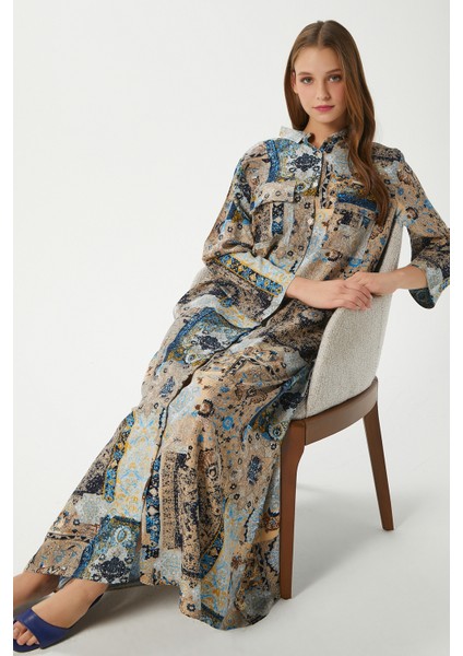 Modest Kadın Bohema %100 Viskon Bej Mavi Önden Düğmeli Uzun Elbise