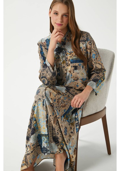 Modest Kadın Bohema %100 Viskon Bej Mavi Önden Düğmeli Uzun Elbise modelleri