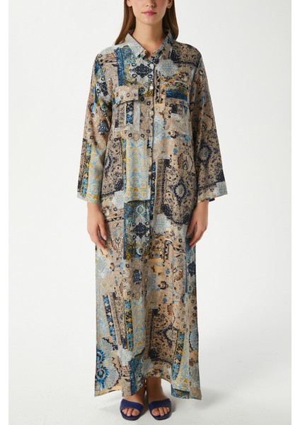 Modest Kadın Bohema %100 Viskon Bej Mavi Önden Düğmeli Uzun Elbise fırsatları