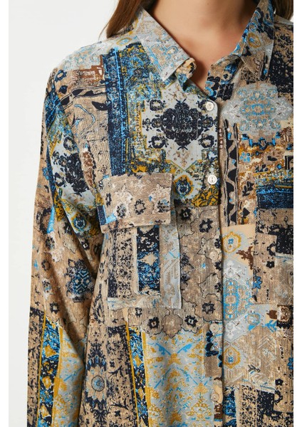 Modest Kadın Bohema %100 Viskon Bej Mavi Önden Düğmeli Uzun Elbise indirimleri