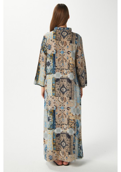 Modest Kadın Bohema %100 Viskon Bej Mavi Önden Düğmeli Uzun Elbise