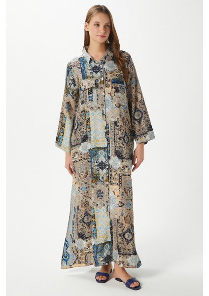 Modest Kadın Bohema %100 Viskon Bej Mavi Önden Düğmeli Uzun Elbise