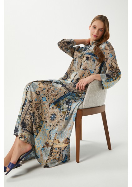 Modest Kadın Bohema %100 Viskon Bej Mavi Önden Düğmeli Uzun Elbise