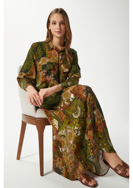 Modest Kadın Bohema %100 Viskon Haki Önden Düğmeli Uzun Elbise