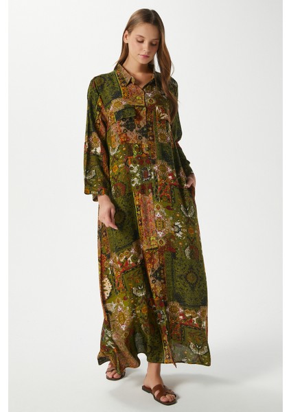 Modest Kadın Bohema %100 Viskon Haki Önden Düğmeli Uzun Elbise fiyatları