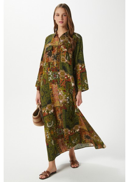 Modest Kadın Bohema %100 Viskon Haki Önden Düğmeli Uzun Elbise fırsatları