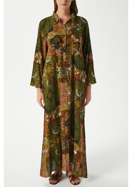 Modest Kadın Bohema %100 Viskon Haki Önden Düğmeli Uzun Elbise indirimleri