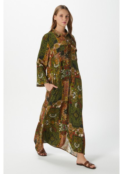 Modest Kadın Bohema %100 Viskon Haki Önden Düğmeli Uzun Elbise