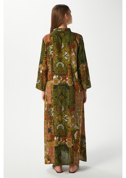 Modest Kadın Bohema %100 Viskon Haki Önden Düğmeli Uzun Elbise