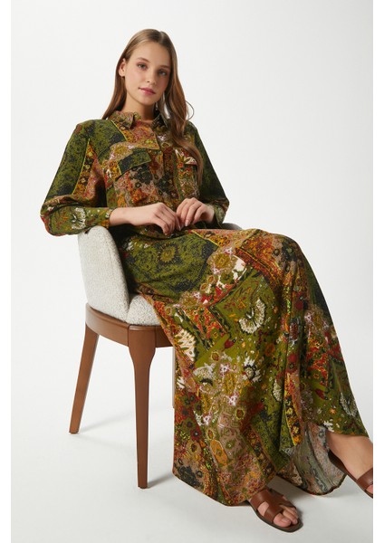 Modest Kadın Bohema %100 Viskon Haki Önden Düğmeli Uzun Elbise