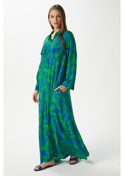 Modest Kadın Leaf %100 Viskon Mavi Yeşil Önden Düğmeli Uzun Elbise