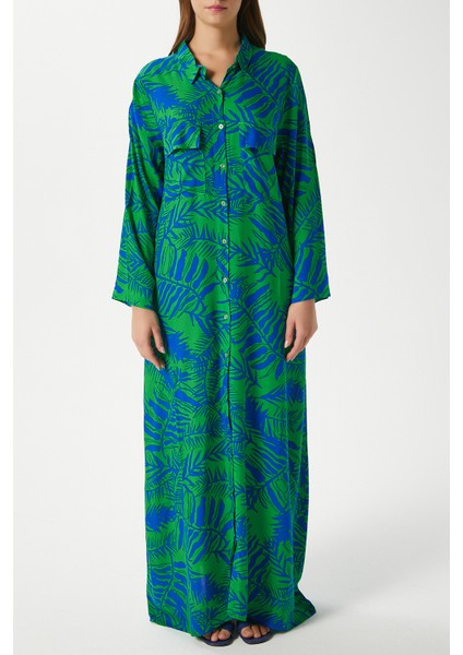 Modest Kadın Leaf %100 Viskon Mavi Yeşil Önden Düğmeli Uzun Elbise fiyatları