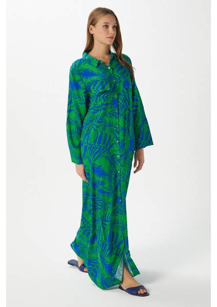 Modest Kadın Leaf %100 Viskon Mavi Yeşil Önden Düğmeli Uzun Elbise modelleri