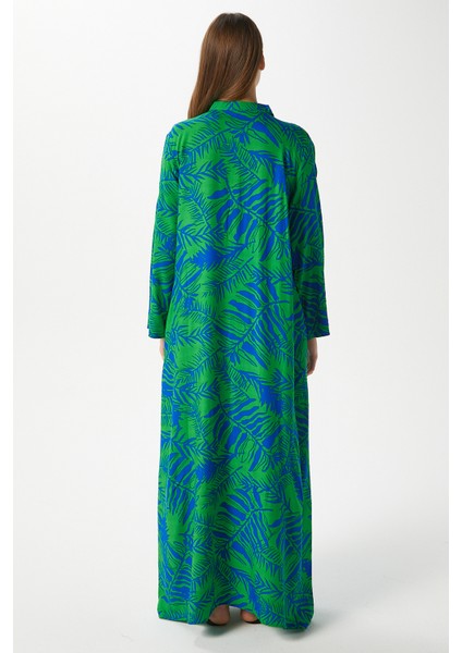 Modest Kadın Leaf %100 Viskon Mavi Yeşil Önden Düğmeli Uzun Elbise fırsatları