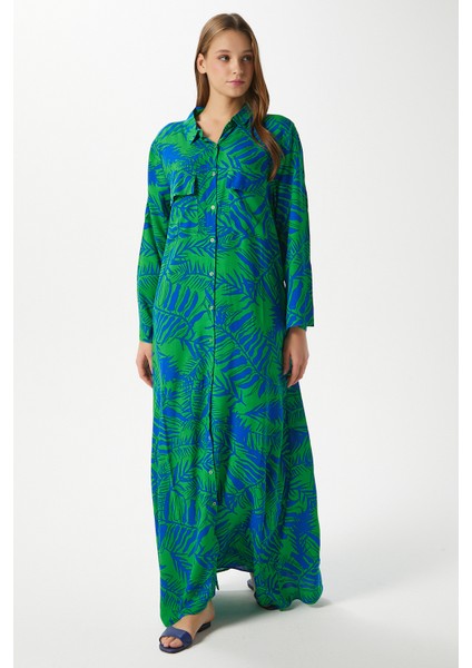 Modest Kadın Leaf %100 Viskon Mavi Yeşil Önden Düğmeli Uzun Elbise