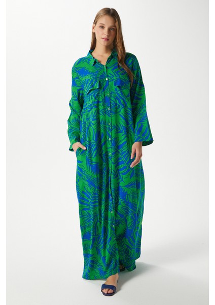 Modest Kadın Leaf %100 Viskon Mavi Yeşil Önden Düğmeli Uzun Elbise