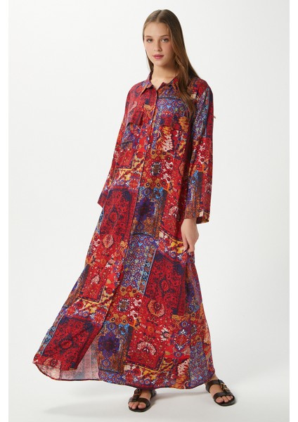 Modest Kadın Bohema %100 Viskon Turuncu Önden Düğmeli Uzun Elbise