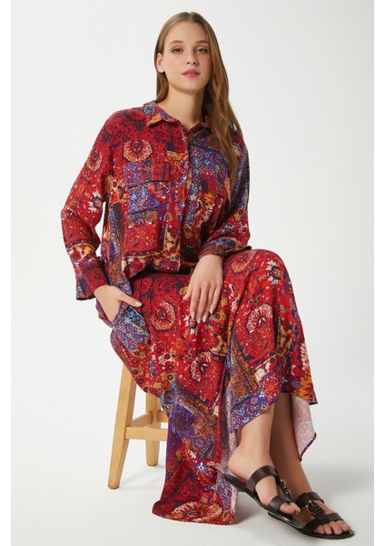 Modest Kadın Bohema %100 Viskon Turuncu Önden Düğmeli Uzun Elbise fiyatları