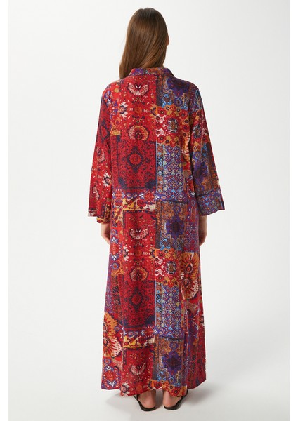 Modest Kadın Bohema %100 Viskon Turuncu Önden Düğmeli Uzun Elbise indirimleri