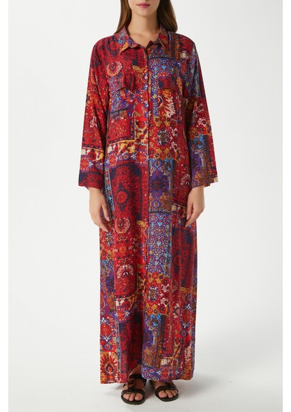 Modest Kadın Bohema %100 Viskon Turuncu Önden Düğmeli Uzun Elbise