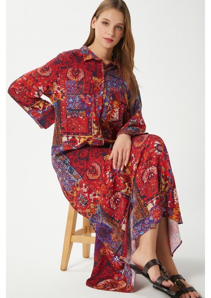 Modest Kadın Bohema %100 Viskon Turuncu Önden Düğmeli Uzun Elbise