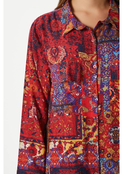 Modest Kadın Bohema %100 Viskon Turuncu Önden Düğmeli Uzun Elbise