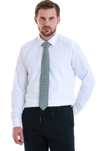 Beyaz Slim Fit Düz Slim Yaka Pamuklu Uzun Kollu Gömlek