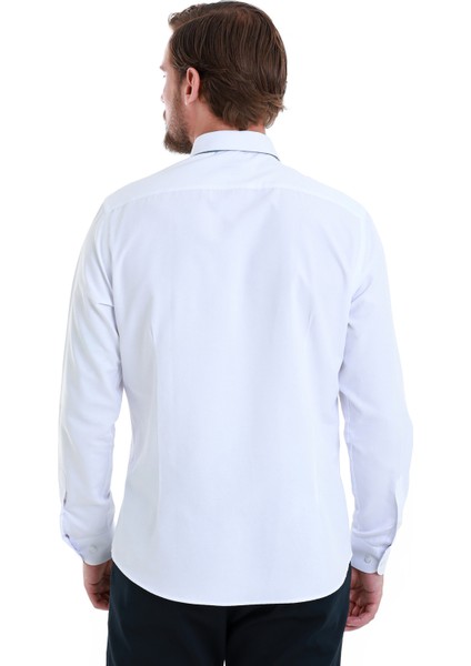 Beyaz Slim Fit Düz Slim Yaka Pamuklu Uzun Kollu Gömlek