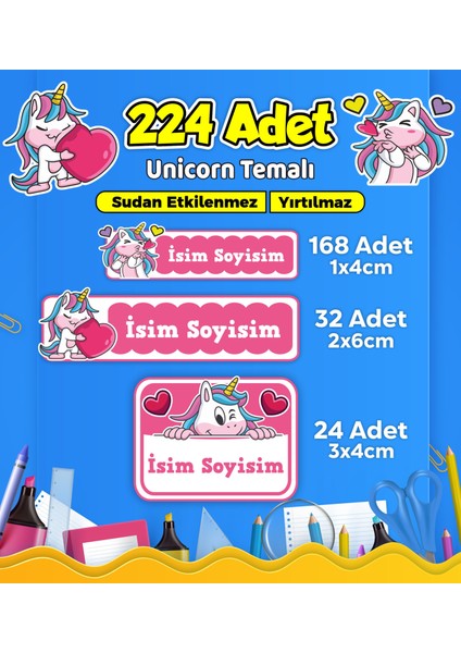 Unicorn Temalı Okul Kreş Kişiye Özel Isim Etiket Seti - Model 565