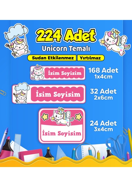 Unicorn Temalı Okul Kreş Kişiye Özel Isim Etiket Seti - Model 569