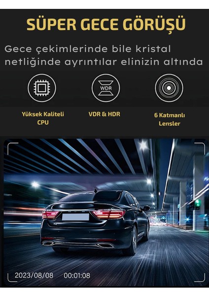 A3298 Wi-Fi Full Hd 3 Kameralı Araç Içi Güvenlik Kamerası 64GB – Ir Gece Görüşü, Ön-Arka-Iç Kayıt,dashcam