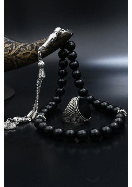 Doğal Oniks Taşlı Tesbih ve 925 Ayar Gümüş Yüzük Oniks Taşlı 902063