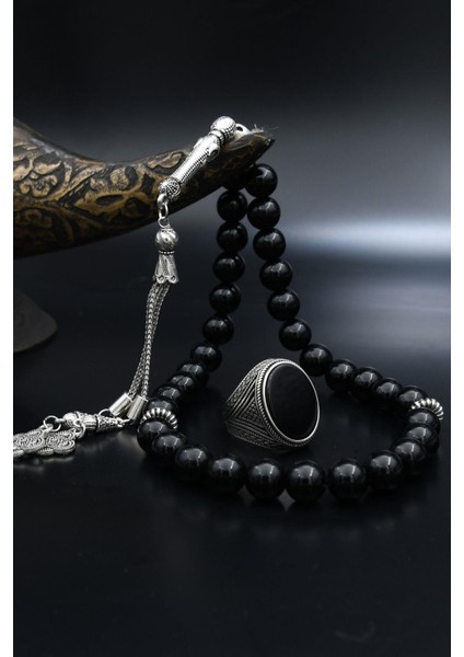 Doğal Oniks Taşlı Tesbih ve 925 Ayar Gümüş Yüzük Oniks Taşlı 902063 modelleri