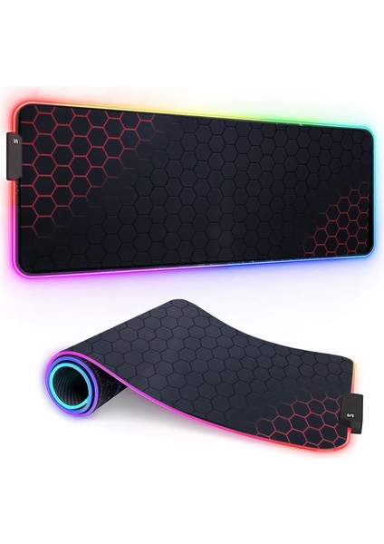 Oyuncu Rgb Mousepad ve Klavye Pad Kırmızı Altıgen Desenli Red Hex Tasarım Işıklı 70CM x 30CM Mouse Pad