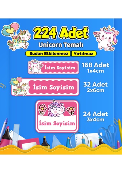 Unicorn Temalı Okul Kreş Kişiye Özel Isim Etiket Seti - Model 566
