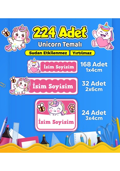 Unicorn Temalı Okul Kreş Kişiye Özel Isim Etiket Seti - Model 567