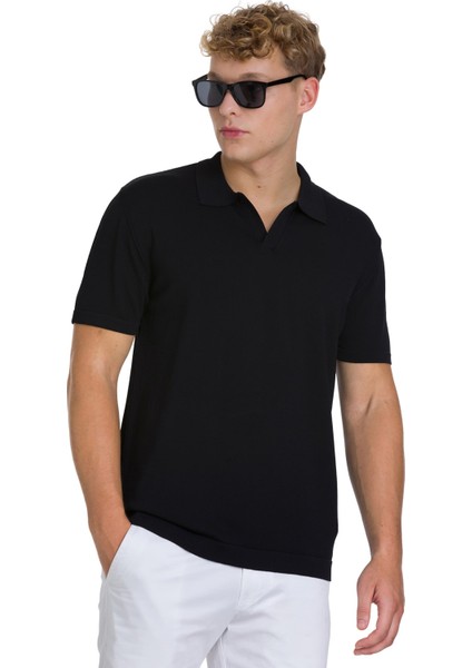 Siyah Regular Fit Polo Yaka Rayon Tişört