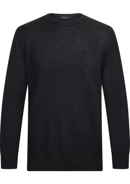 Siyah Regular Fit Jakarlı Bisiklet Yaka Yünlü Triko Kazak