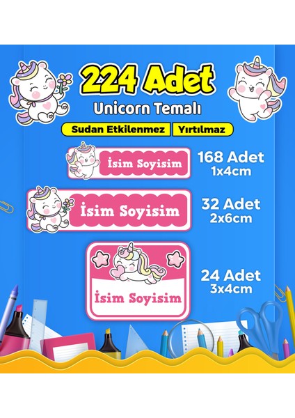 Unicorn Temalı Okul Kreş Kişiye Özel Isim Etiket Seti - Model 568