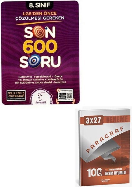 Karekök 2026 8. Sınıf Lgs 'den Önce Çözülmesi Gereken Son 600 Soru+Anla Kazan Paragraf