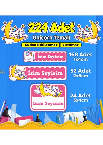 Unicorn Temalı Okul Kreş Kişiye Özel Isim Etiket Seti - Model 560