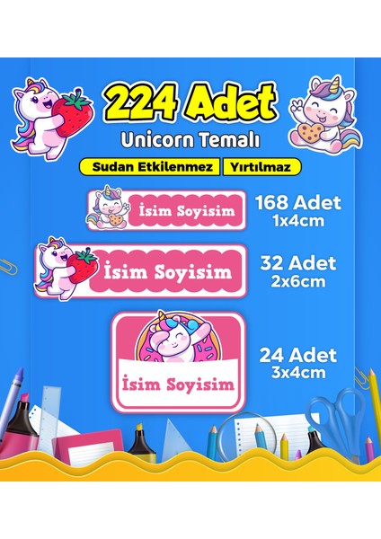 Unicorn Temalı Okul Kreş Kişiye Özel Isim Etiket Seti - Model 561