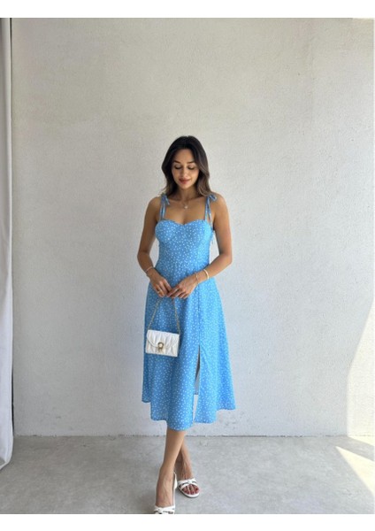 Fiyonk Askılı Yırtmaç Detaylı Puantiyeli Midi Elbise – Mavi / Pembe / Vizon / Somon fiyatları